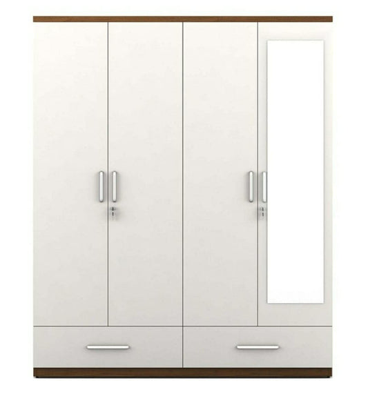 4 Door Wardrobe White and Walnut/with Mirror and Drawer