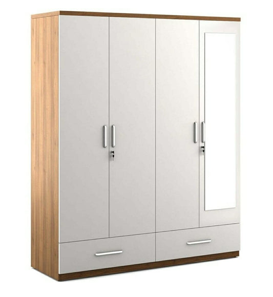 4 Door Wardrobe White and Walnut/with Mirror and Drawer