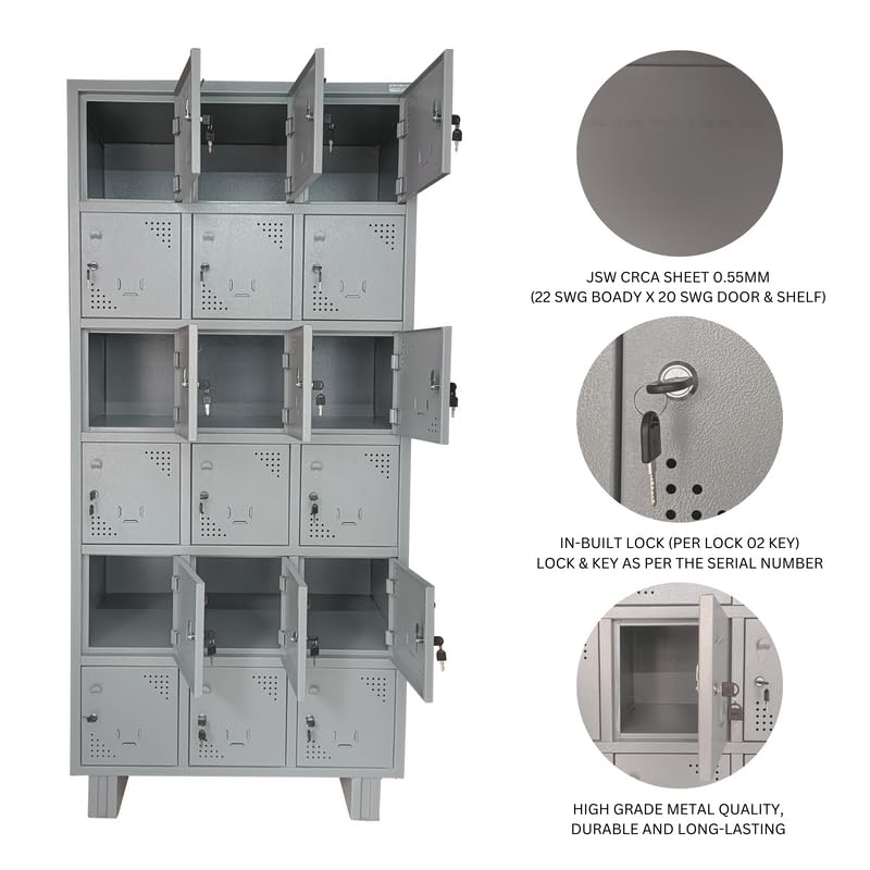 Bowzar 15 Door Steel Locker Cupboard for Office, Gym, School, Staff & Warehouse | Mild Steel CRCA Storage Locker Cabinet with Cam Lock, Powder Coat – H78 x W36 x D19 Inch