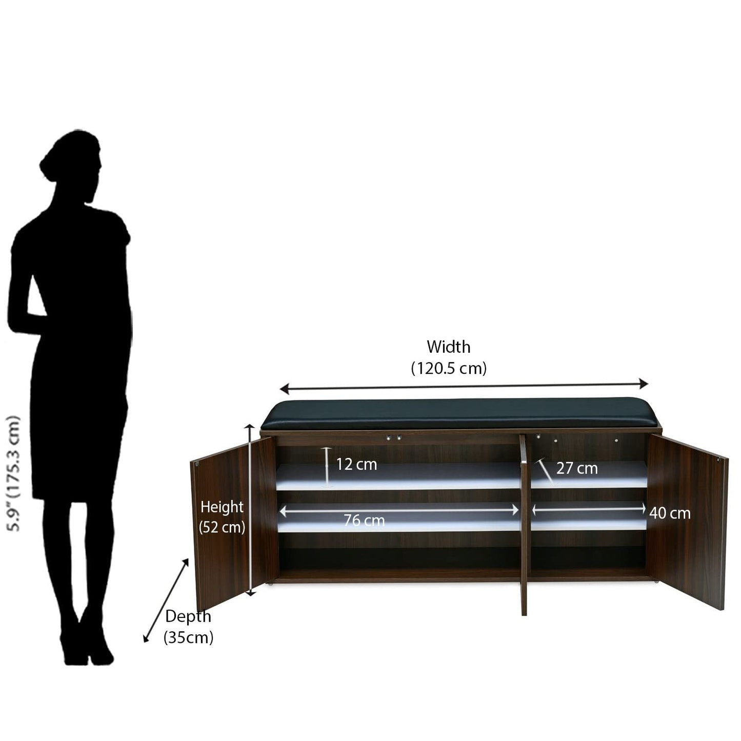 3 Door Engineered Wood Shoe Rack with Cushioned Seat and 3 Shelves Store up to 18 to 21 Shoes