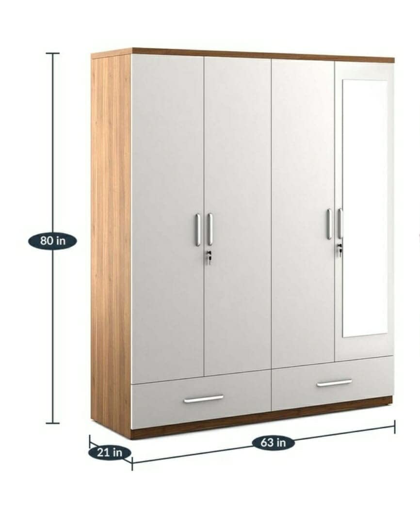 4 Door Wardrobe White and Walnut/with Mirror and Drawer