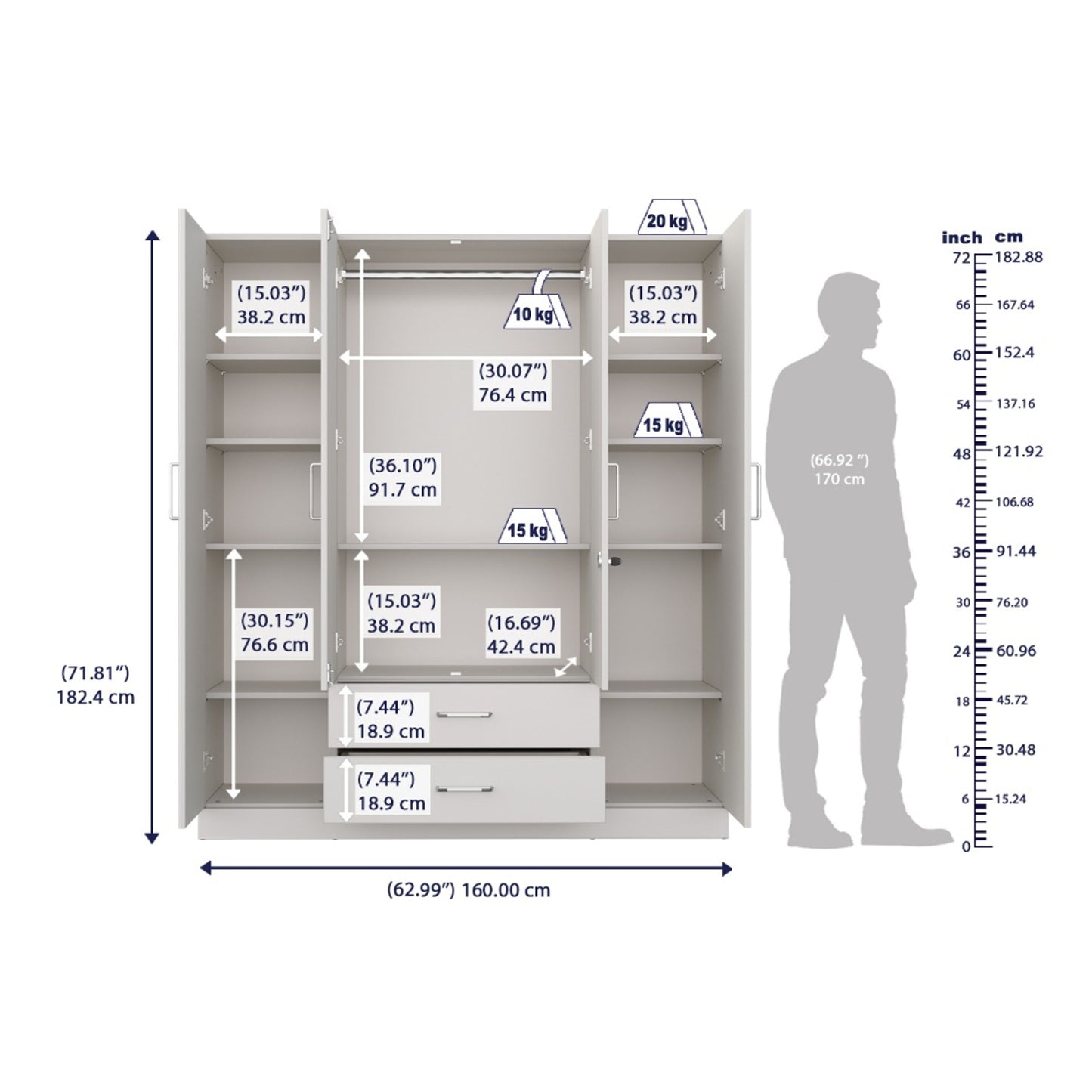 4 Door Wardrobe with Drawer and 1 Hanging Space 72X63X18 Inch