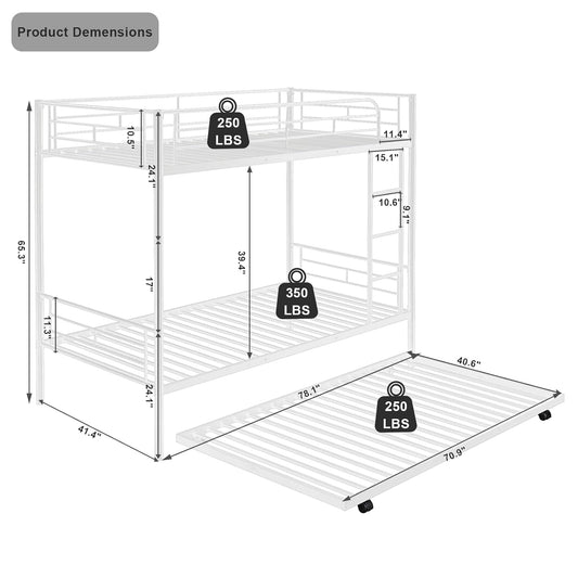 Metal Bunk Bed with Trundle, Twin Over Twin Bunk Beds Frame with Ladders Heavy Duty bunkbed for Junior/Adults, Safety Full-Length