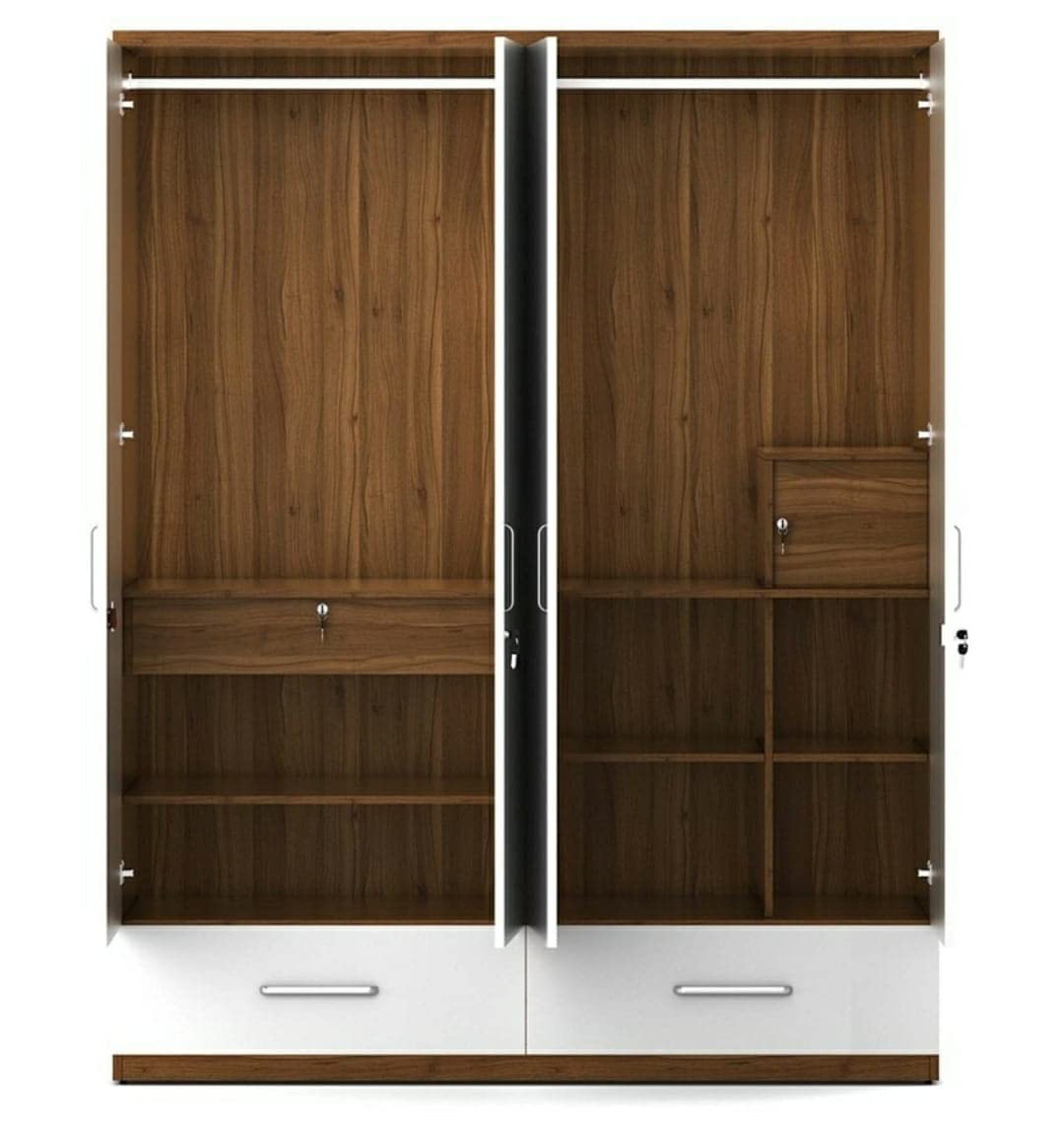 4 Door Wardrobe White and Walnut/with Mirror and Drawer