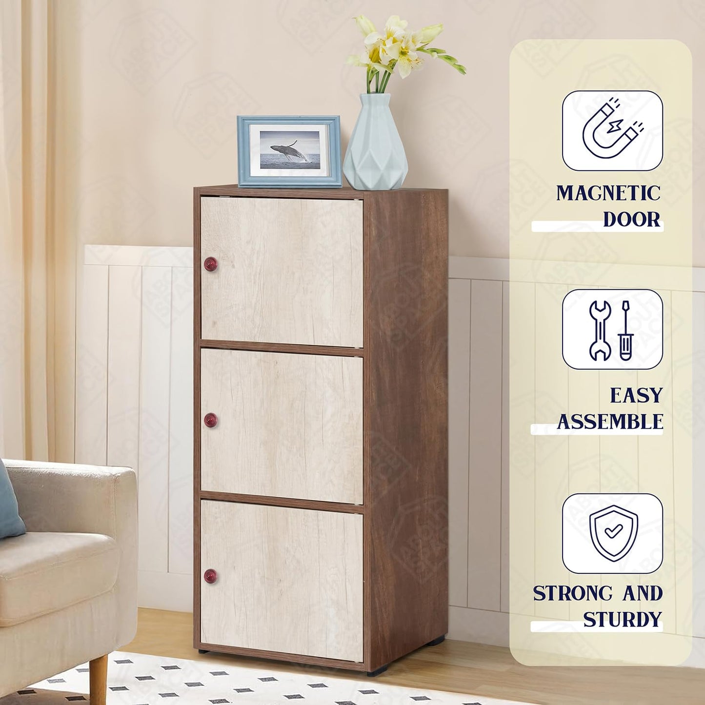 3 Tier Engineered Wood Storage Cabinet for Living Room with Magnetic Door, Space Saving Furniture for Home, Office, Kitchen (Walnut -L 38 x B 38.5 x H 100.5 cm)