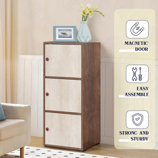 3 Tier Engineered Wood Storage Cabinet for Living Room with Magnetic Door, Space Saving Furniture for Home, Office, Kitchen (Walnut -L 38 x B 38.5 x H 100.5 cm)