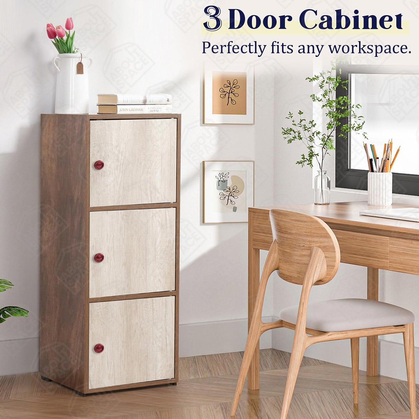 3 Tier Engineered Wood Storage Cabinet for Living Room with Magnetic Door, Space Saving Furniture for Home, Office, Kitchen (Walnut -L 38 x B 38.5 x H 100.5 cm)