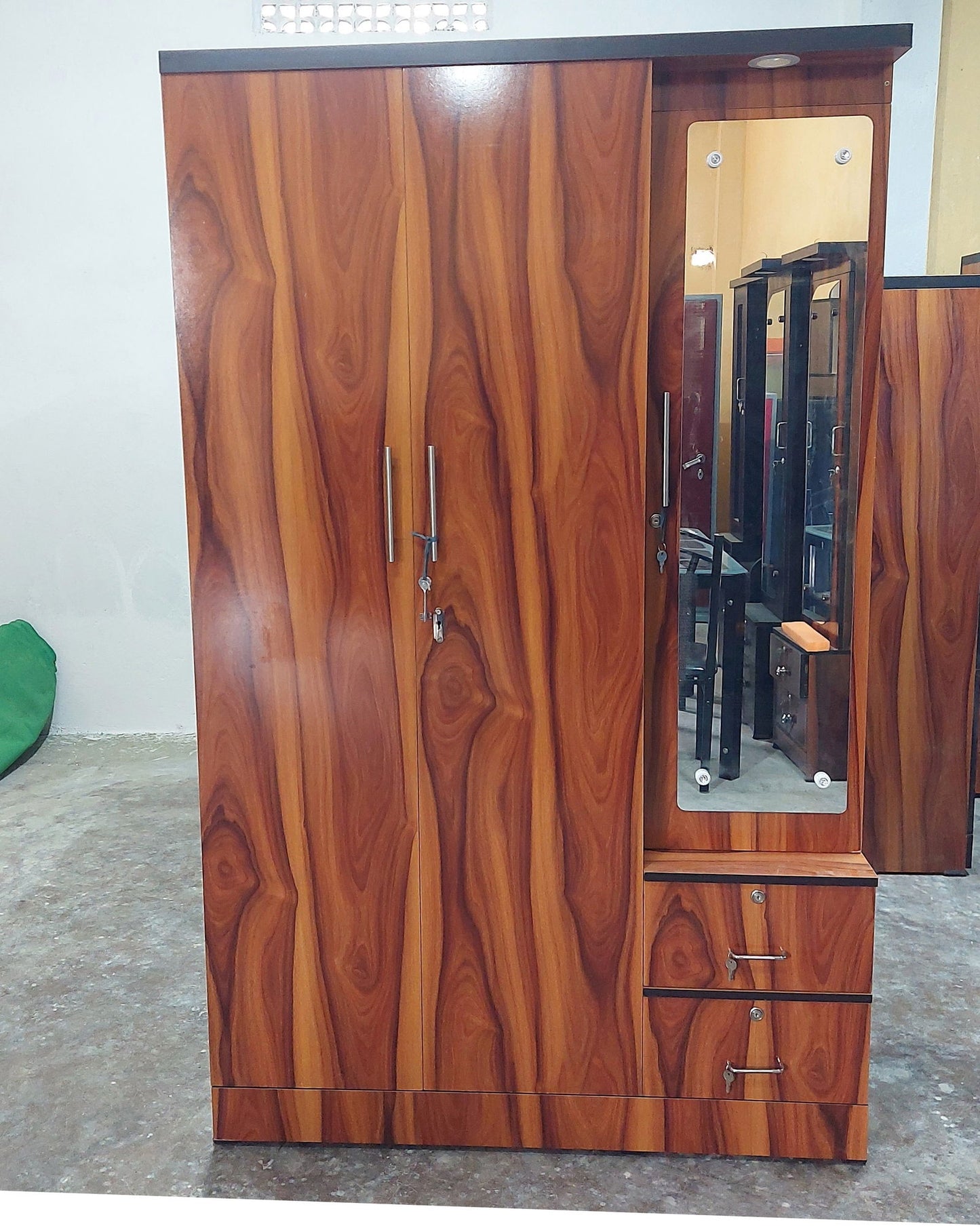 Bowzar 3 Door Almirah Wardrobe With Dressing Mirror Yellow Wood - Bowzar -