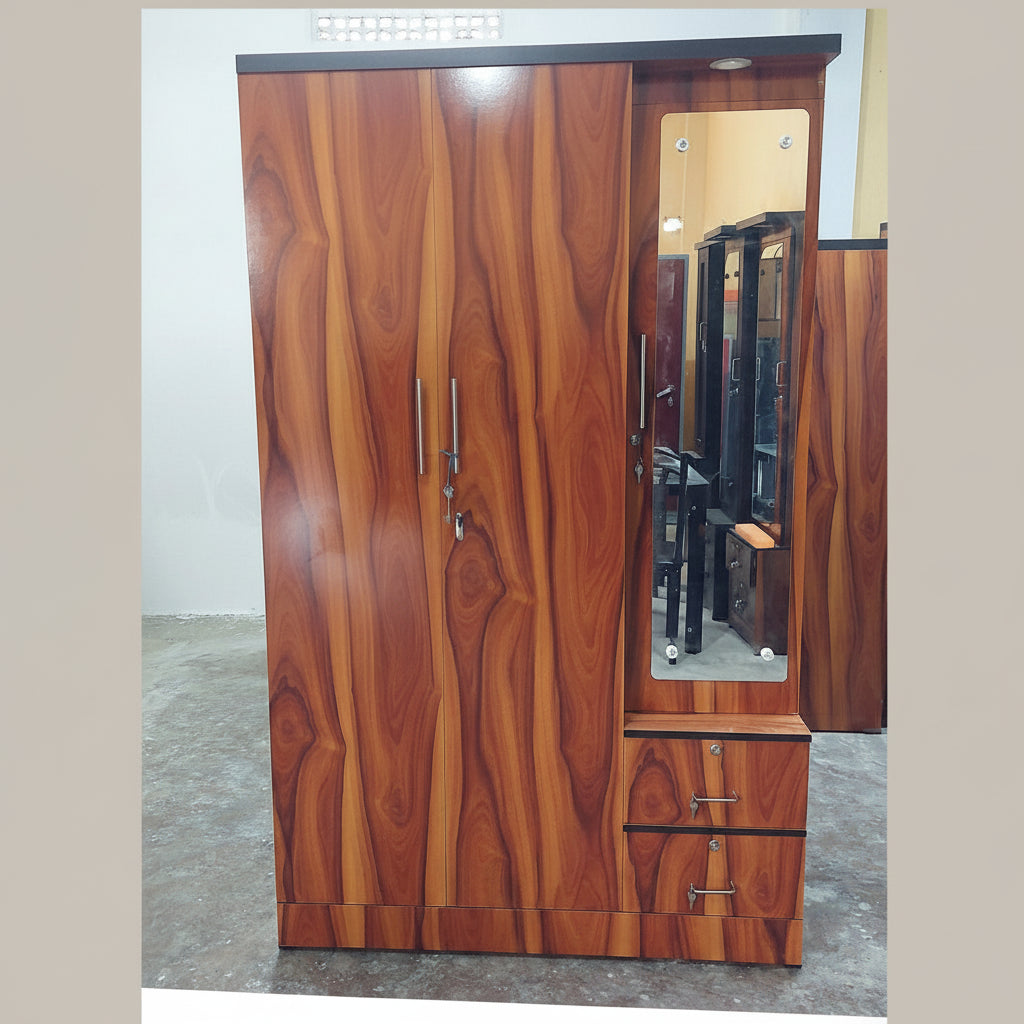 Bowzar 3 Door Almirah Wardrobe With Dressing Mirror Yellow Wood - Bowzar -