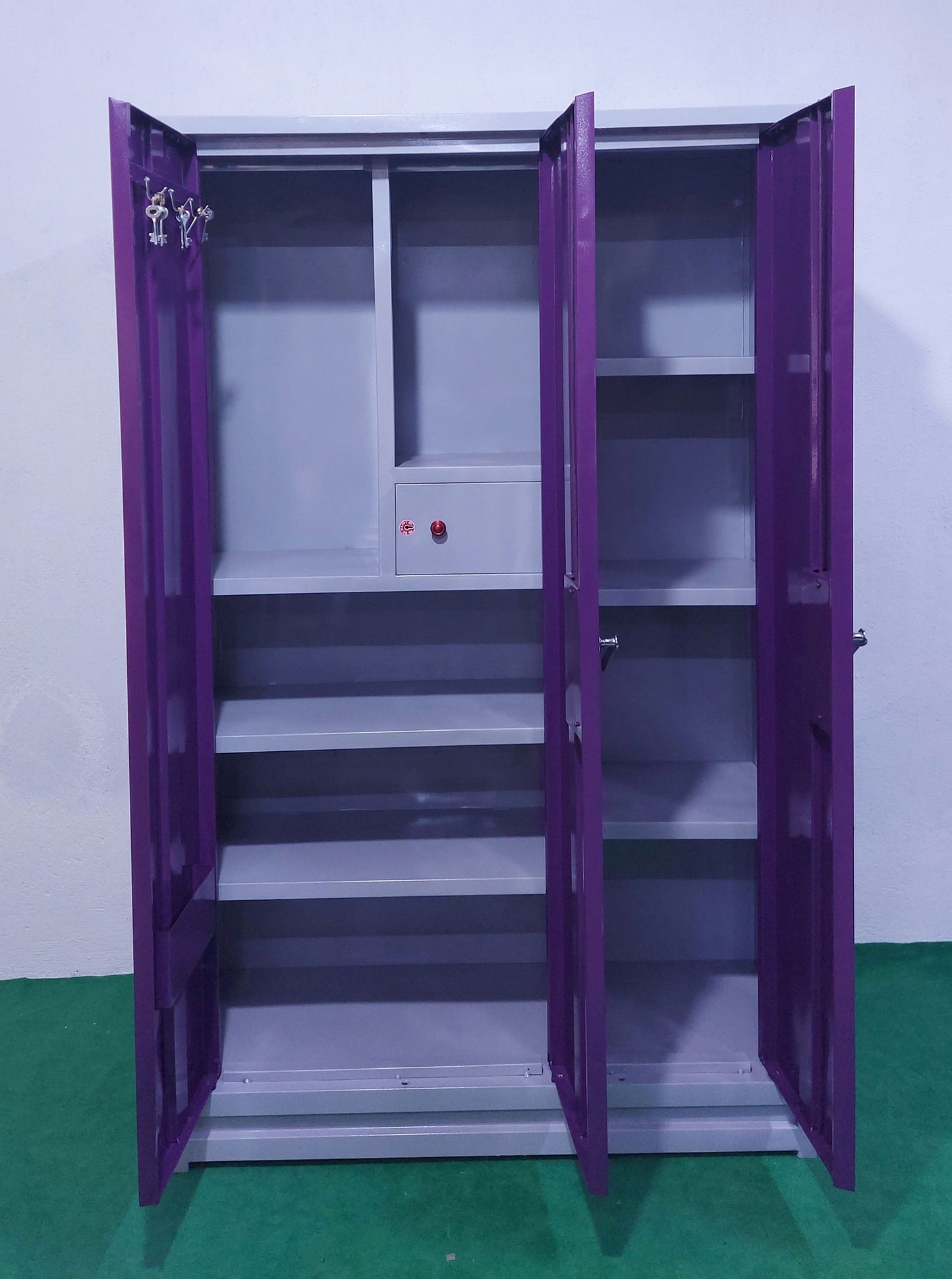 Bowzar 26 Gauge Light 3 Door Steel Almirah Wardrobe Light Weight with Mirror Purple 3 Door Almirah