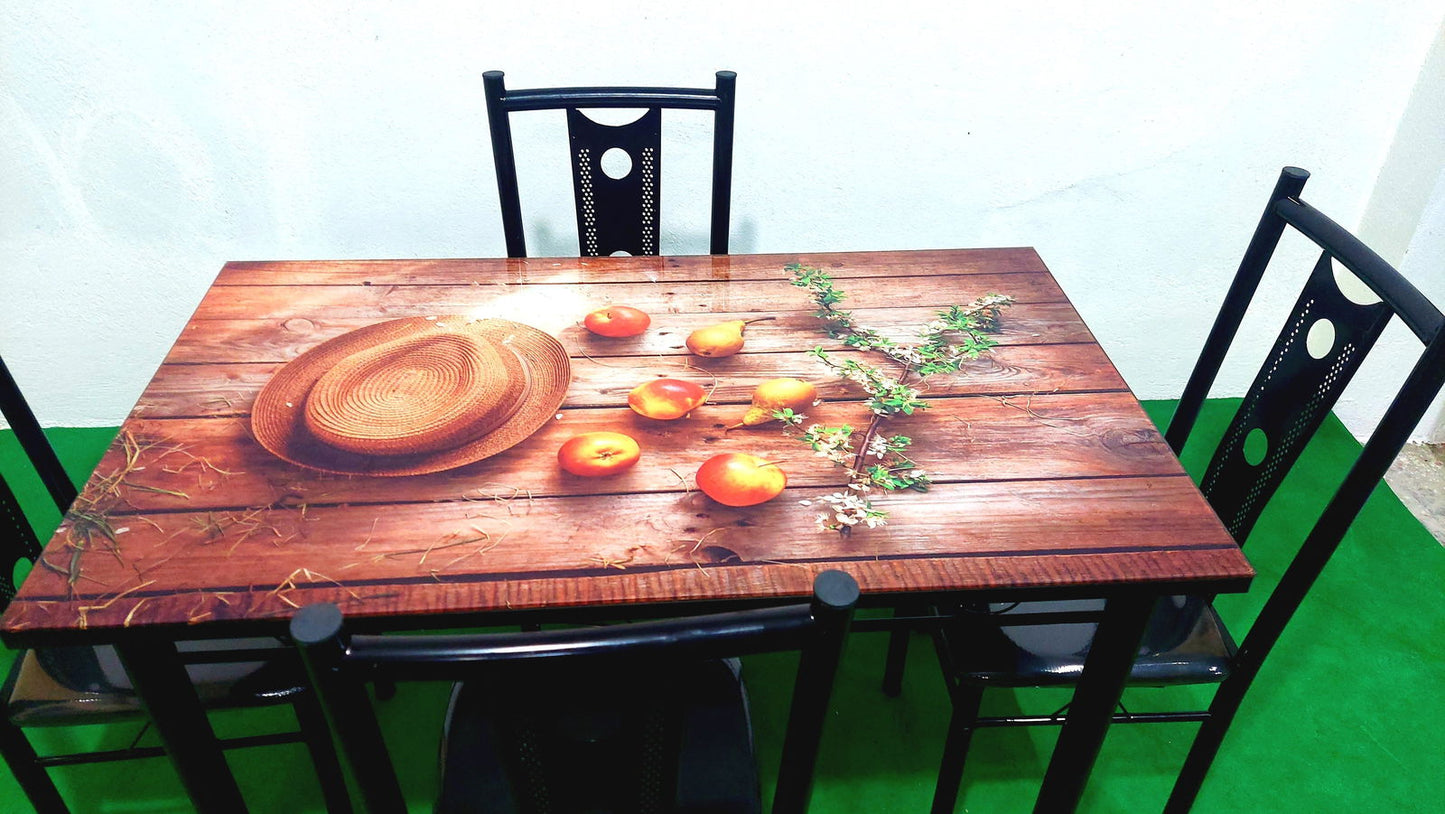 Bowzar 4 Seater Dining Table Set Printed Top With Glass - Bowzar -