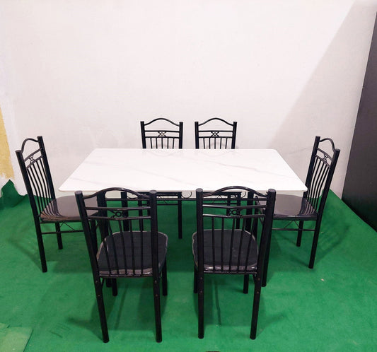 Bowzar 6 Seater Metal Dining Set with Ceramic Marble Top White - Bowzar -