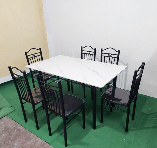 Bowzar 6 Seater Metal Dining Set with Ceramic Marble Top White - Bowzar -