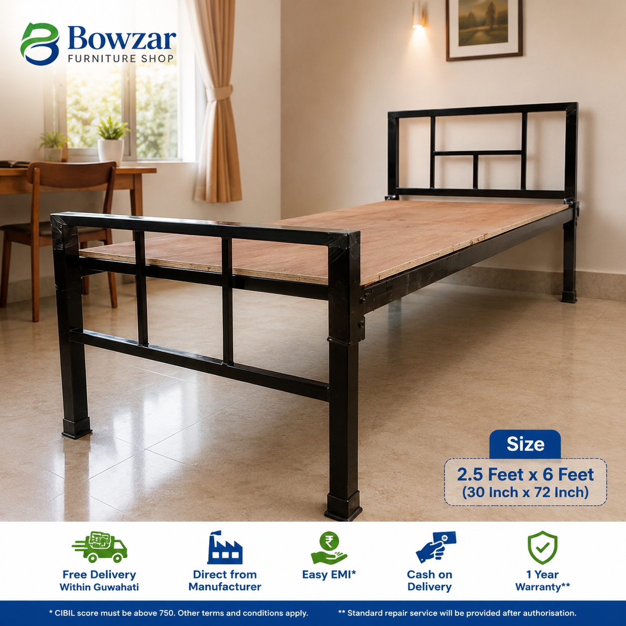 Bowzar Single Bed 2.5X6 Feet HM for Hostel Guest House PG Dormitory