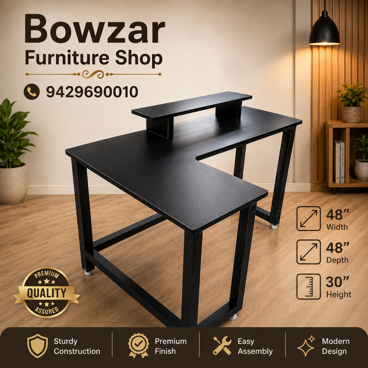 Modern L-Shaped Computer Desk | Study Table | Office Workstation – Black Finish