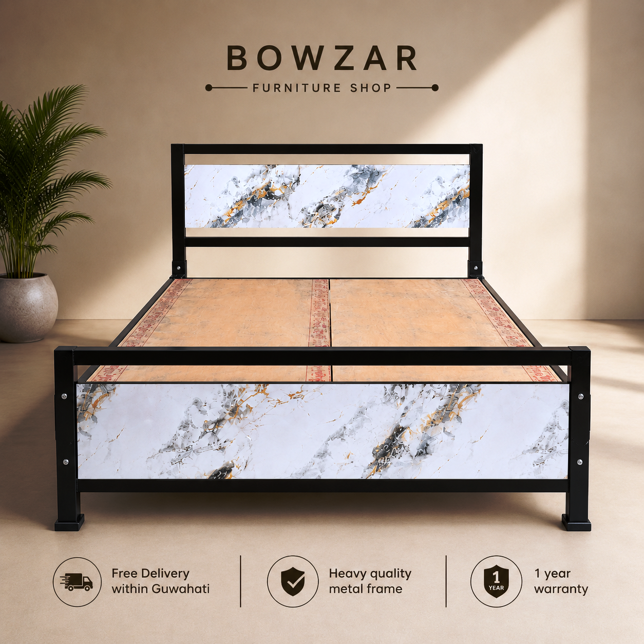Bowzar Queen Bed Size 5x6.5 Feet Bed White Marble Wooden Look
