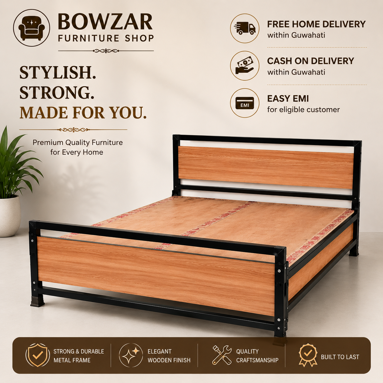 Bowzar King Bed Size 6x6.5 Feet With Sides Covered Wooden Design Bed