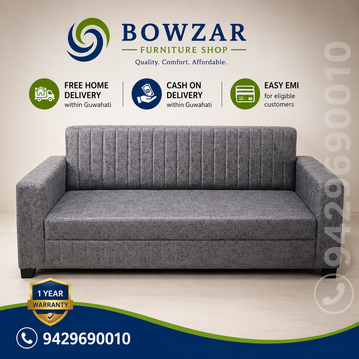 Bowzar 3 Seater Sofa Velvet Fabric Grey