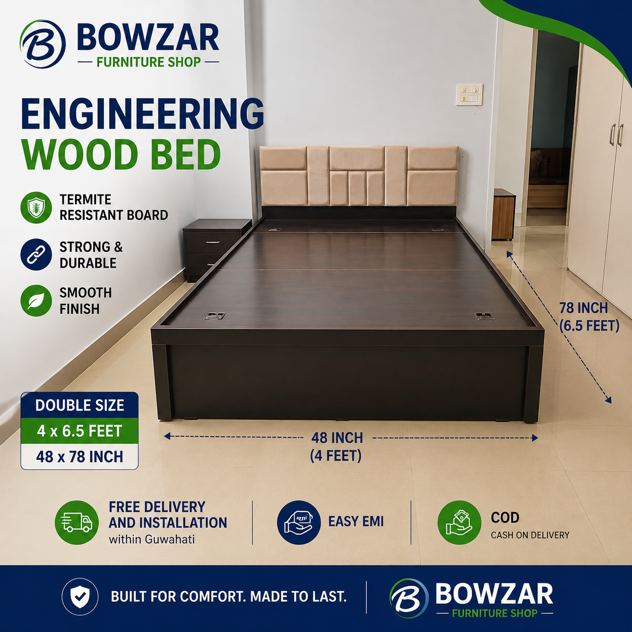 Bowzar Double Box Bed 4x6.5 Feet 48X78 Inch Upholstered Design Cushion
