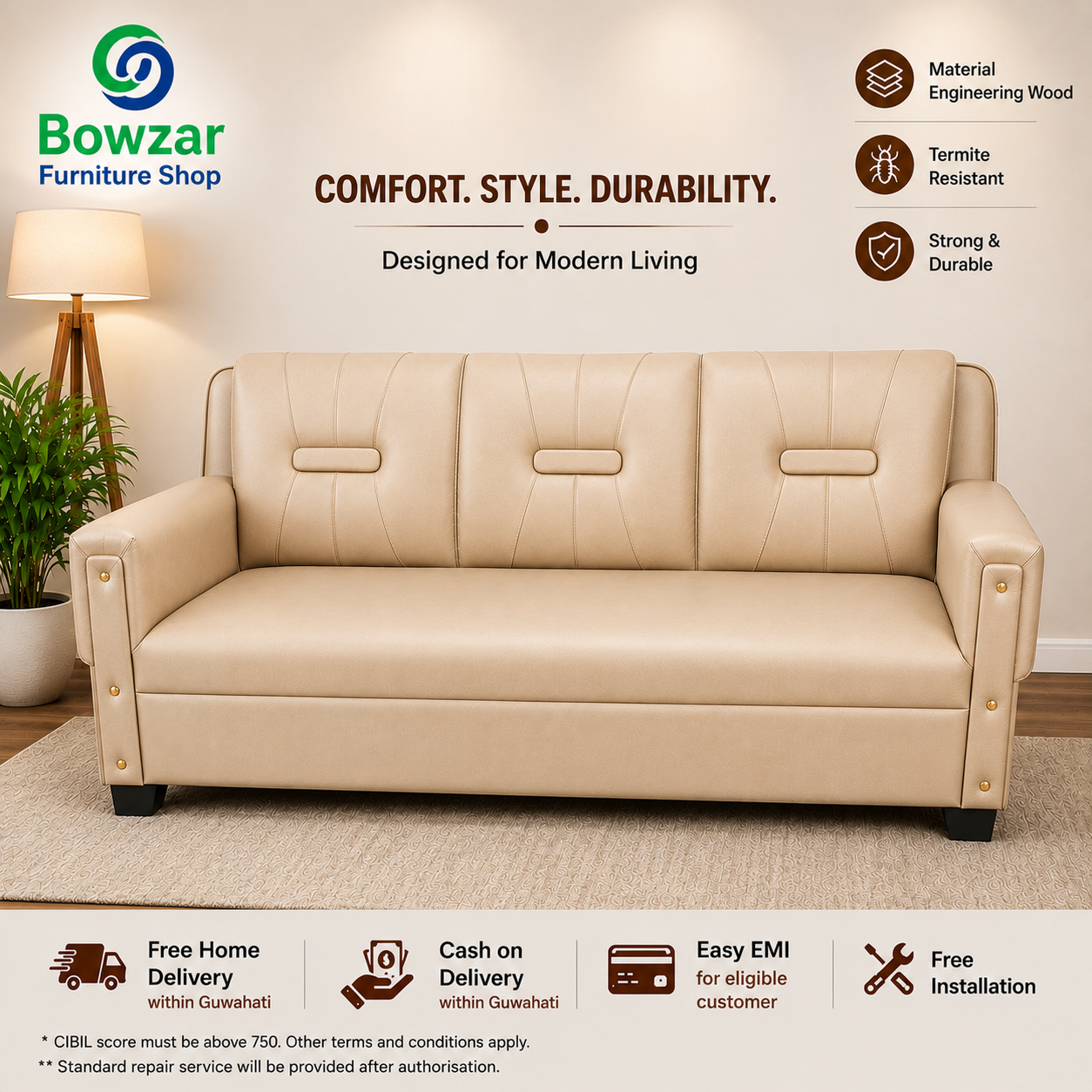 Bowzar 3 Seater Sofa Good Leatherette Black Coffee Brown Red Blue