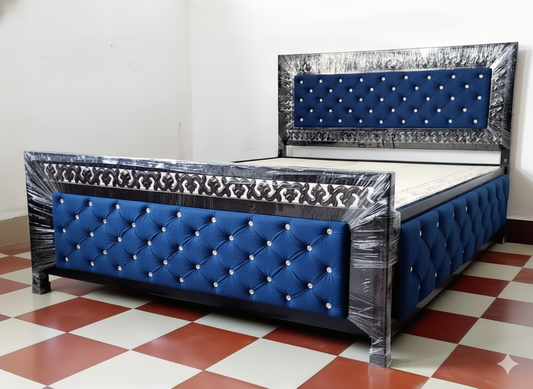 Bowzar King Bed Size 6X6.5 Feet King Box Bed Upholstered Cushion All Sides Navy Blue