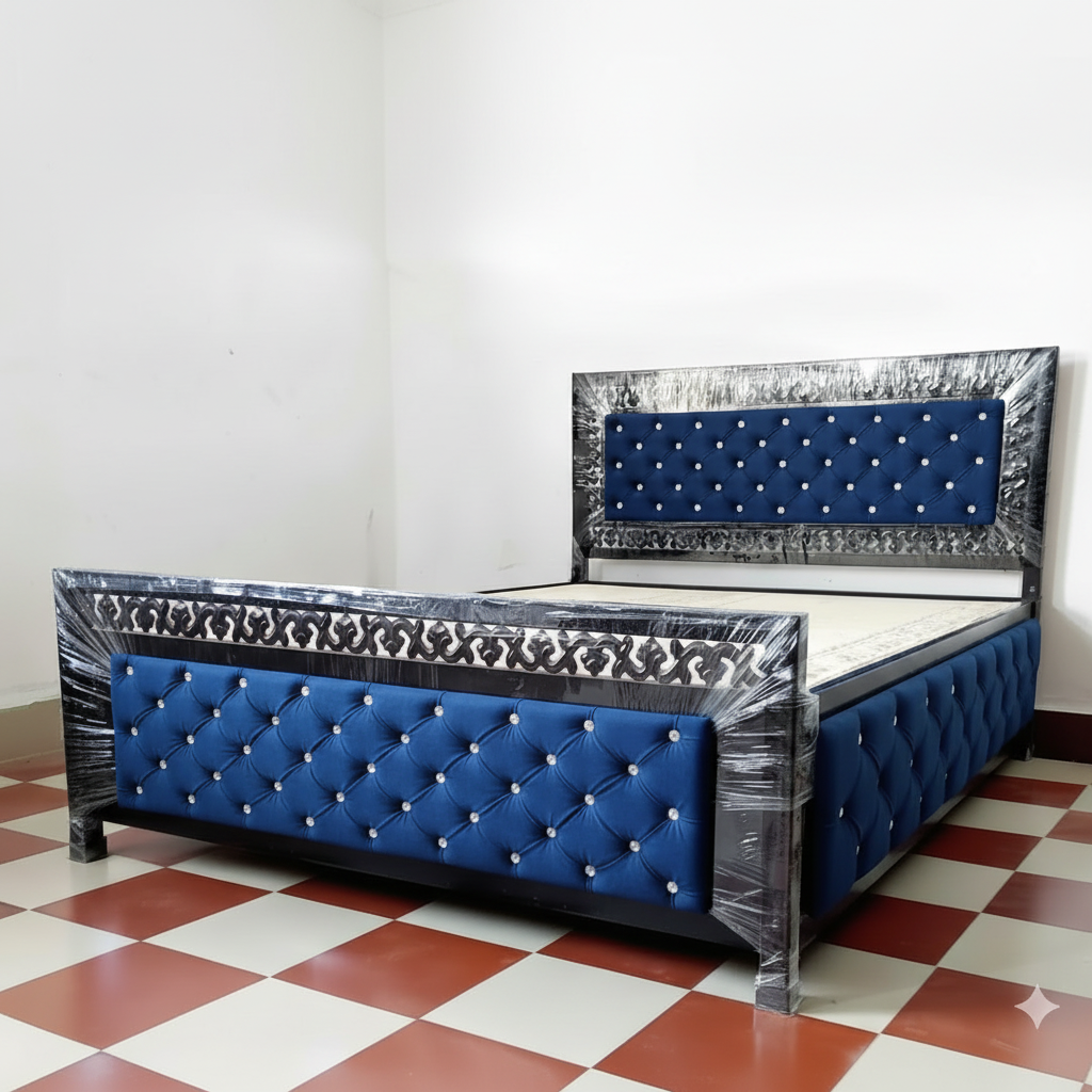 Bowzar Size 6X6.5 Feet King Box Bed Upholstered Cushion All Sides Navy Blue
