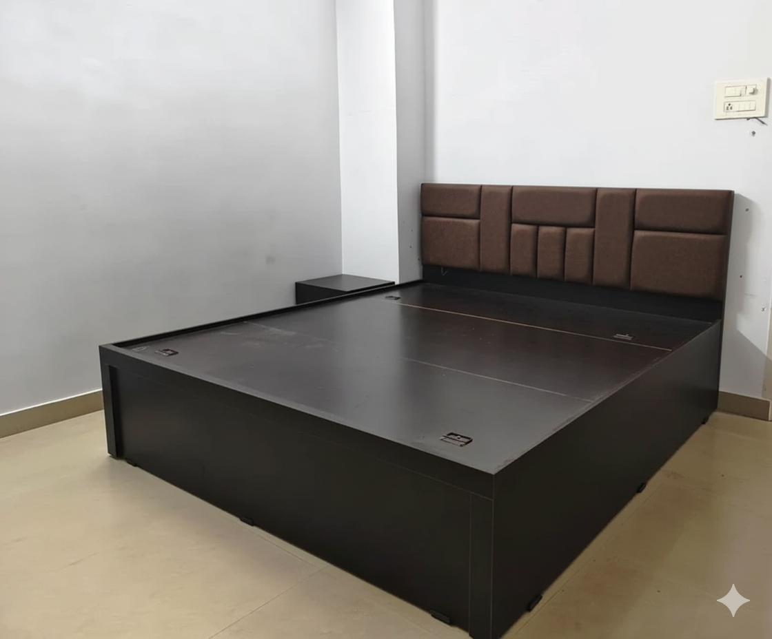 Bowzar Engineering Wood Bed King Box Bed Size Upholstered Design Cushion Dark Coffee