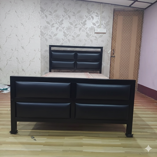 Bowzar Heavy Quality Metal Double Bed Size 4X6.5 Feet 4 Cushions Unique Design Black