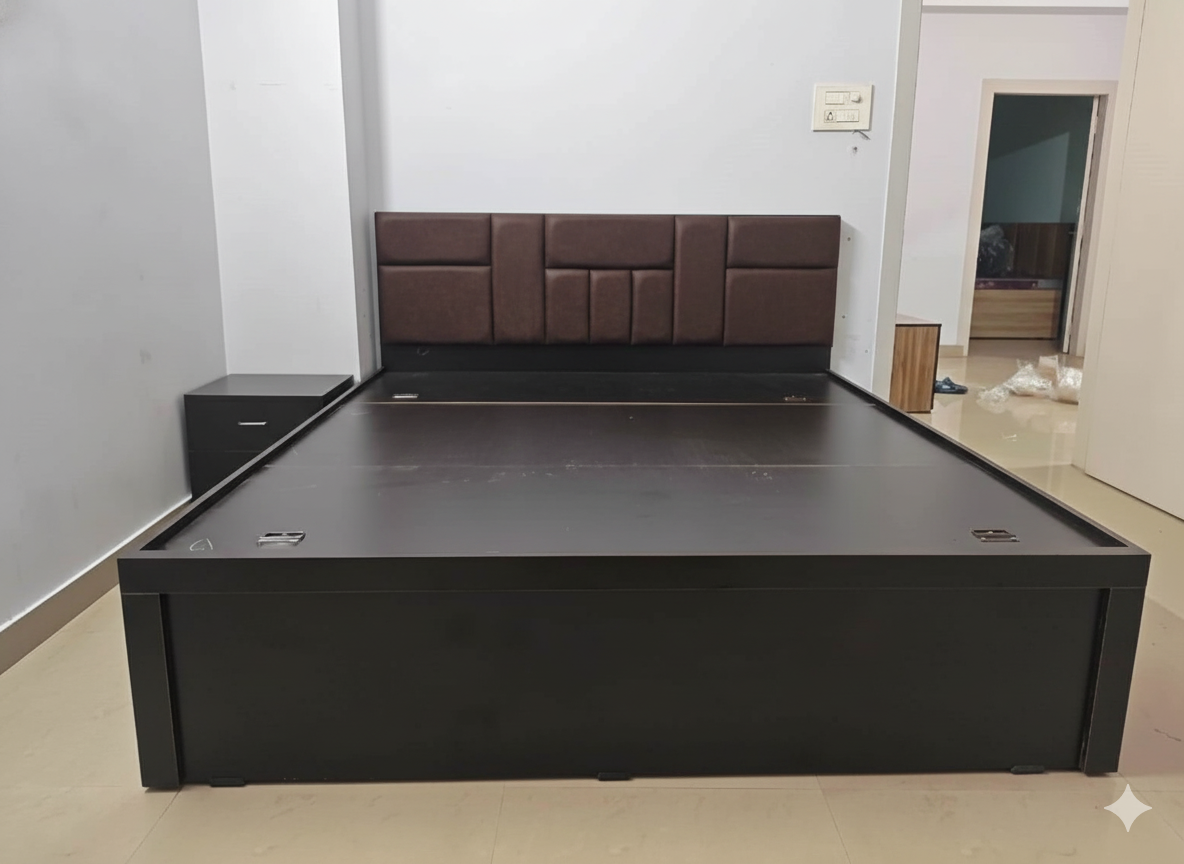 Bowzar Engineering Wood Bed King Box Bed Size Upholstered Design Cushion Dark Coffee