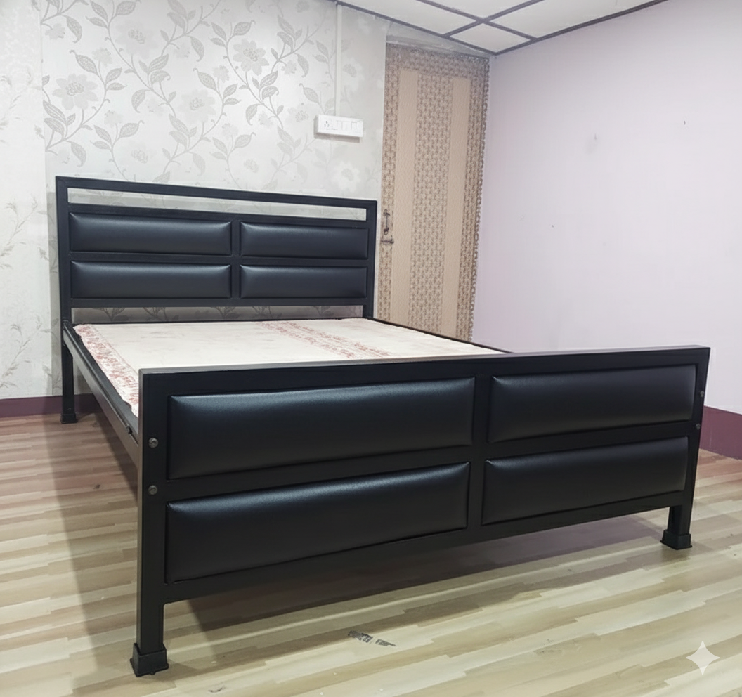 Bowzar Heavy Quality Metal Queen Bed Size 5X6.5 Feet 4 Cushions Unique Design Black