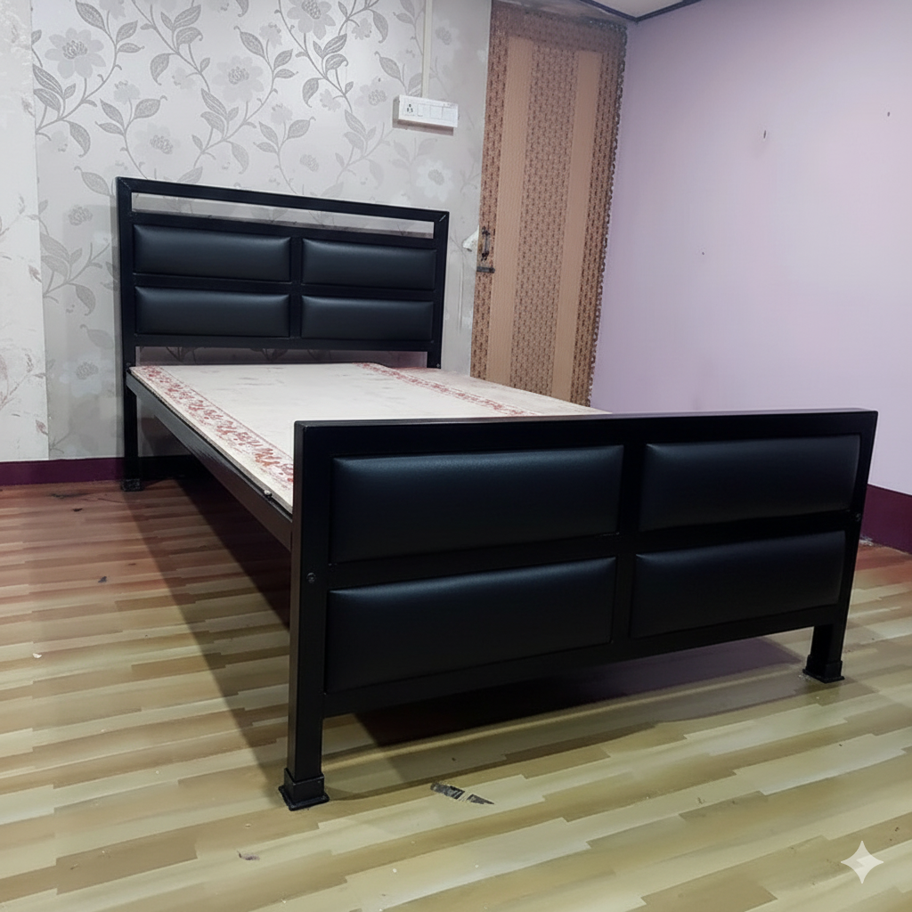 Bowzar Heavy Quality Metal Double Bed Size 4X6.5 Feet 4 Cushions Unique Design Black