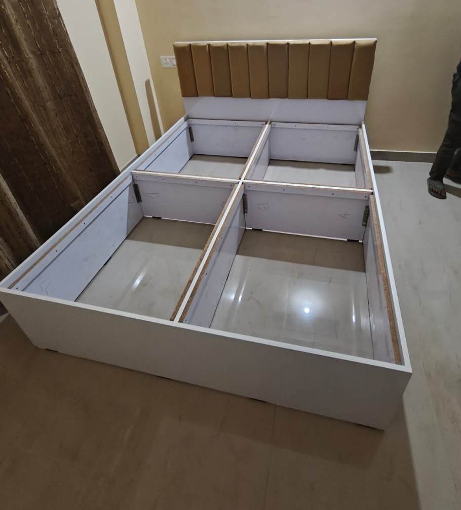 Engineering Wood Bed Queen Box Bed 5x6.5 Feet White Body Brown Headboard