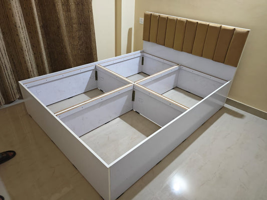 Engineering Wood Bed King Box Bed 6x6.5 Feet White Body Brown Headboard Board King Box Bed