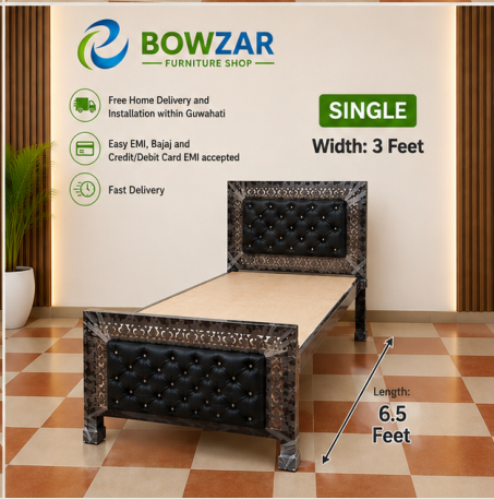 Bowzar Single Bed Premium Metal Bed with Upholstered Cushion