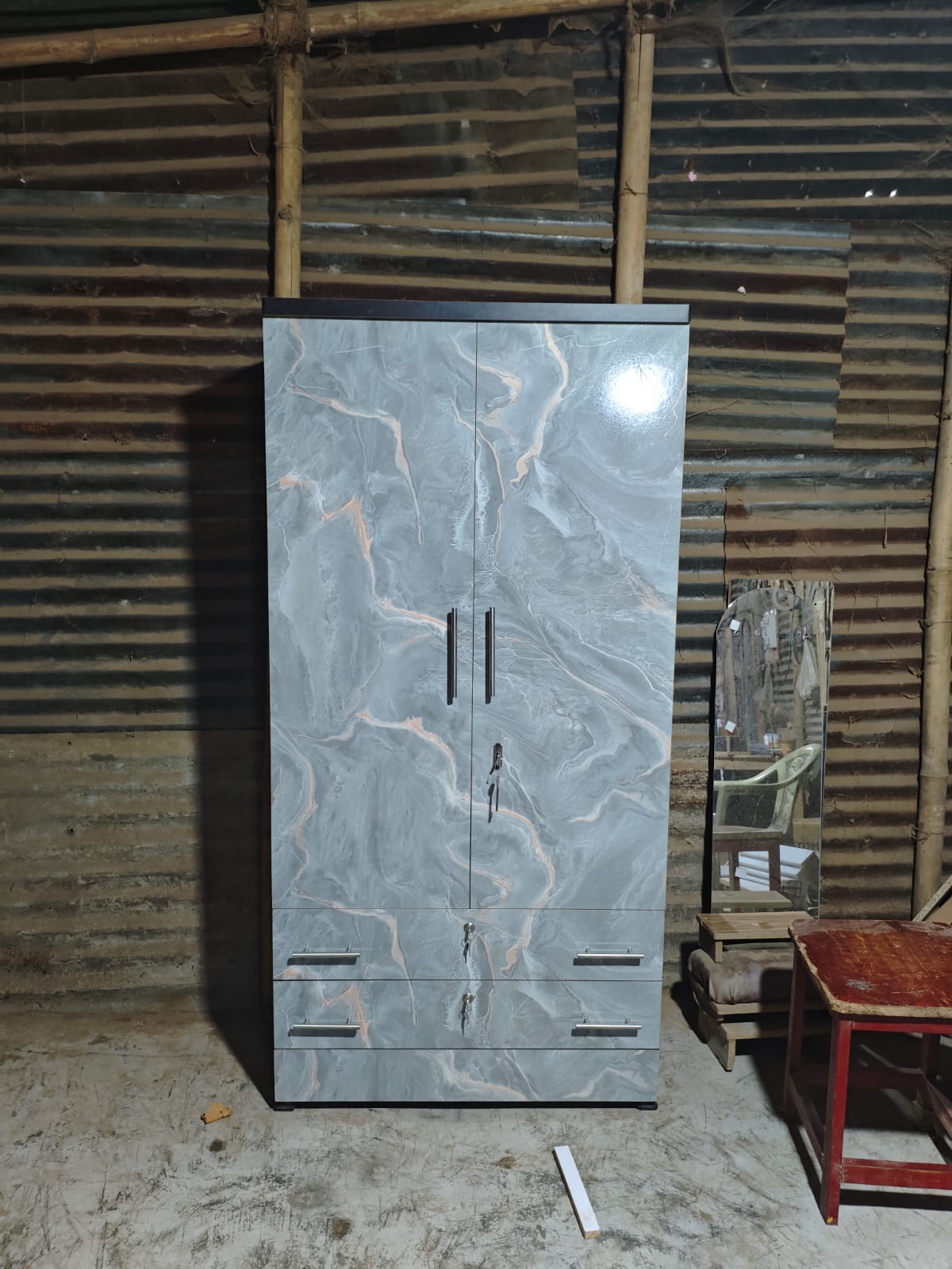 Bowzar 2 Door Almirah With 2 Drawer 2 Door Wardrobe Grey Marble