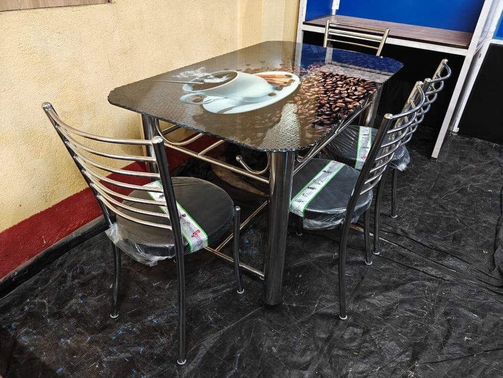 Bowzar Steel Dining Set 4 Seater with Printed Glass
