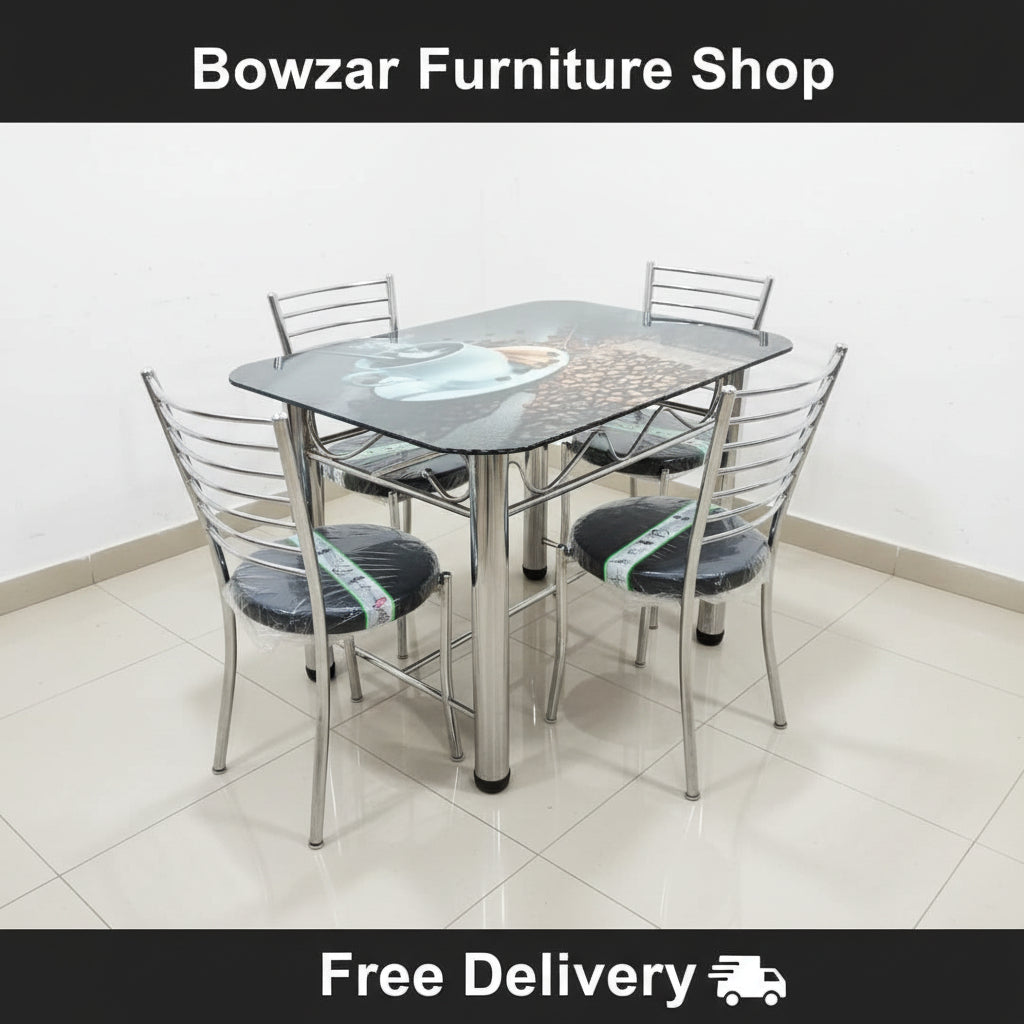 Bowzar Steel Dining Set 4 Seater with Printed Glass