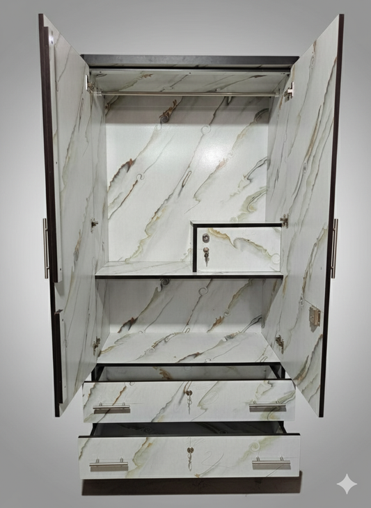Bowzar 2 Door Almirah Wardrobe with 2 Drawer and mirror White Marble