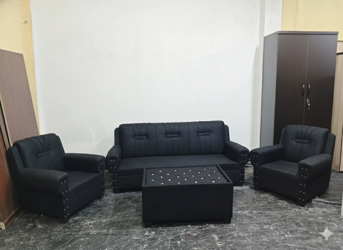 Bowzar Wooden Sofa 5 Seater with Center Table Suede Black