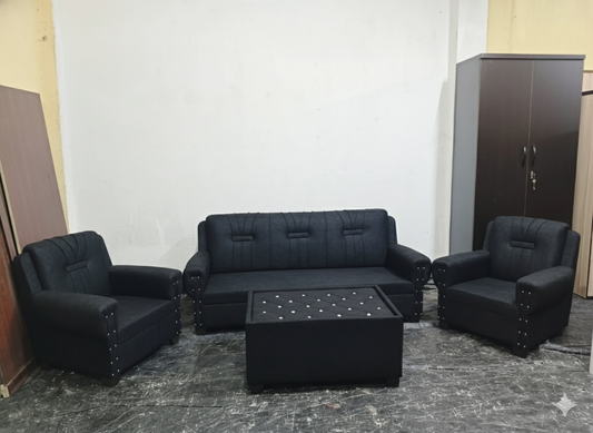 Bowzar Wooden Sofa 5 Seater with Center Table Suede Black