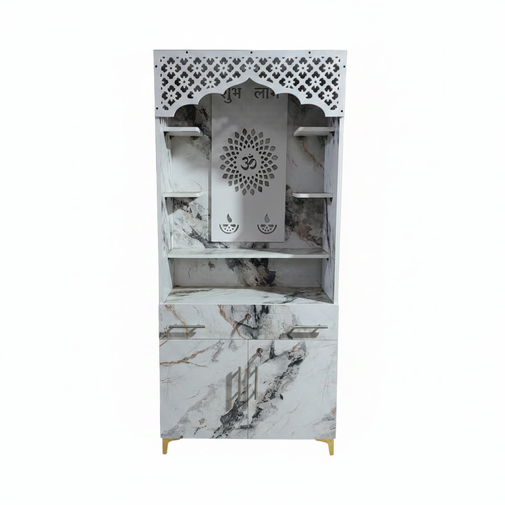 Modern Marble Finish Mandir Unit | Designer Pooja Cabinet with Storage | Bowzar Furniture Shop