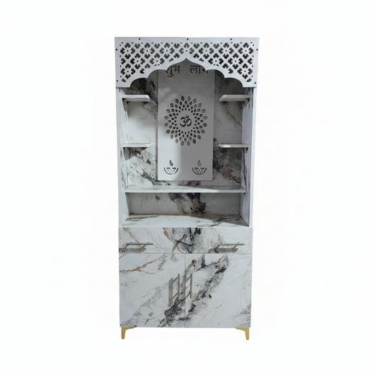 Modern Marble Finish Mandir Unit | Designer Pooja Cabinet with Storage | Bowzar Furniture Shop