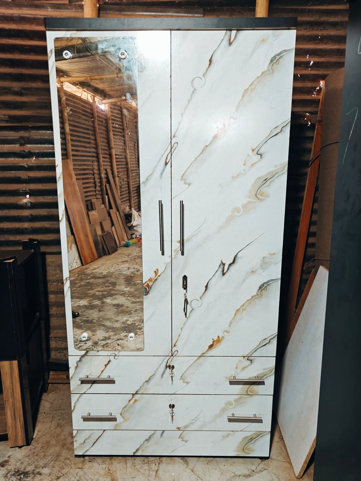 Bowzar 2 Door Almirah Wardrobe with 2 Drawer and mirror White Marble