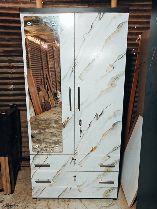 Bowzar 2 Door Almirah Wardrobe with 2 Drawer and mirror White Marble