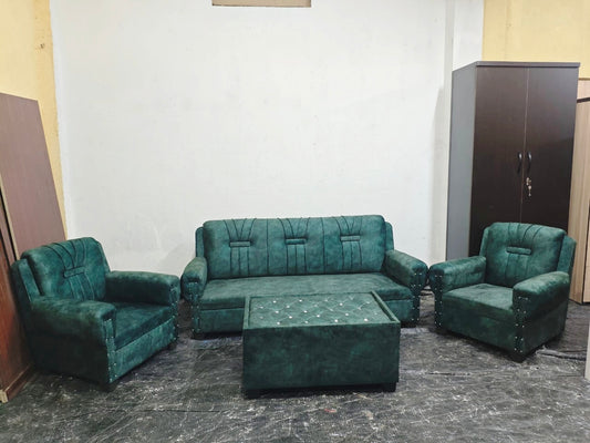 Bowzar Wooden Sofa 5 Seater with Center Table Suede Green
