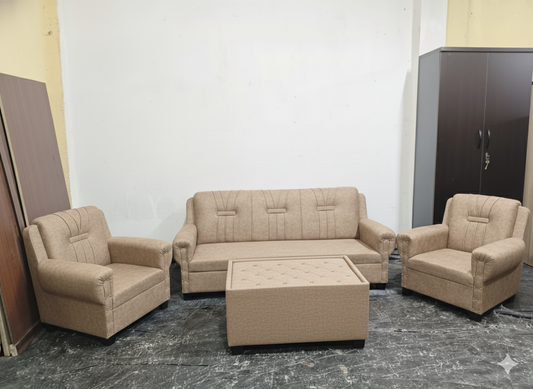 Bowzar Wooden Sofa 5 Seater with Center Table Suede Beige