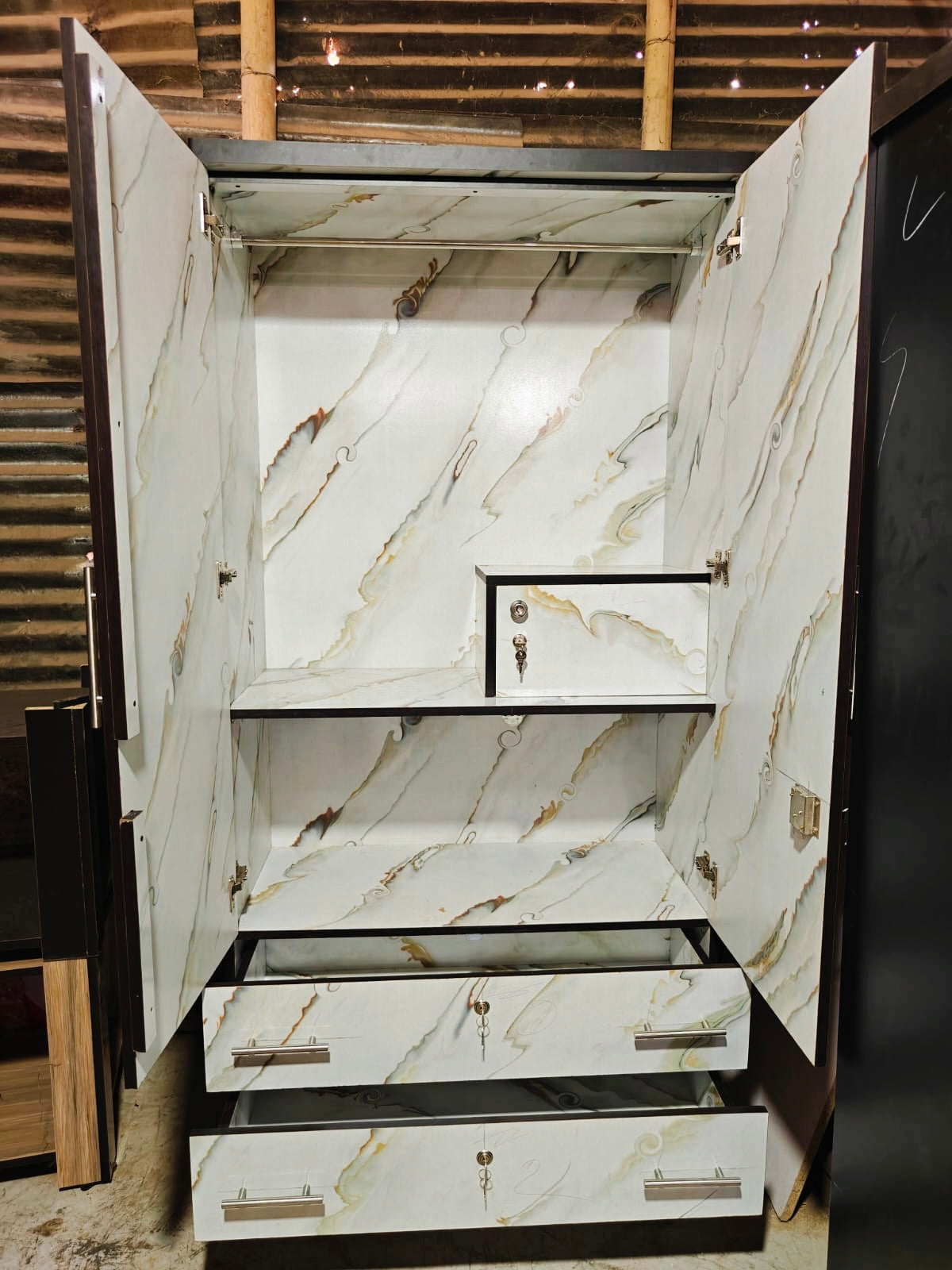 Bowzar 2 Door Almirah Wardrobe with 2 Drawer and mirror White Marble