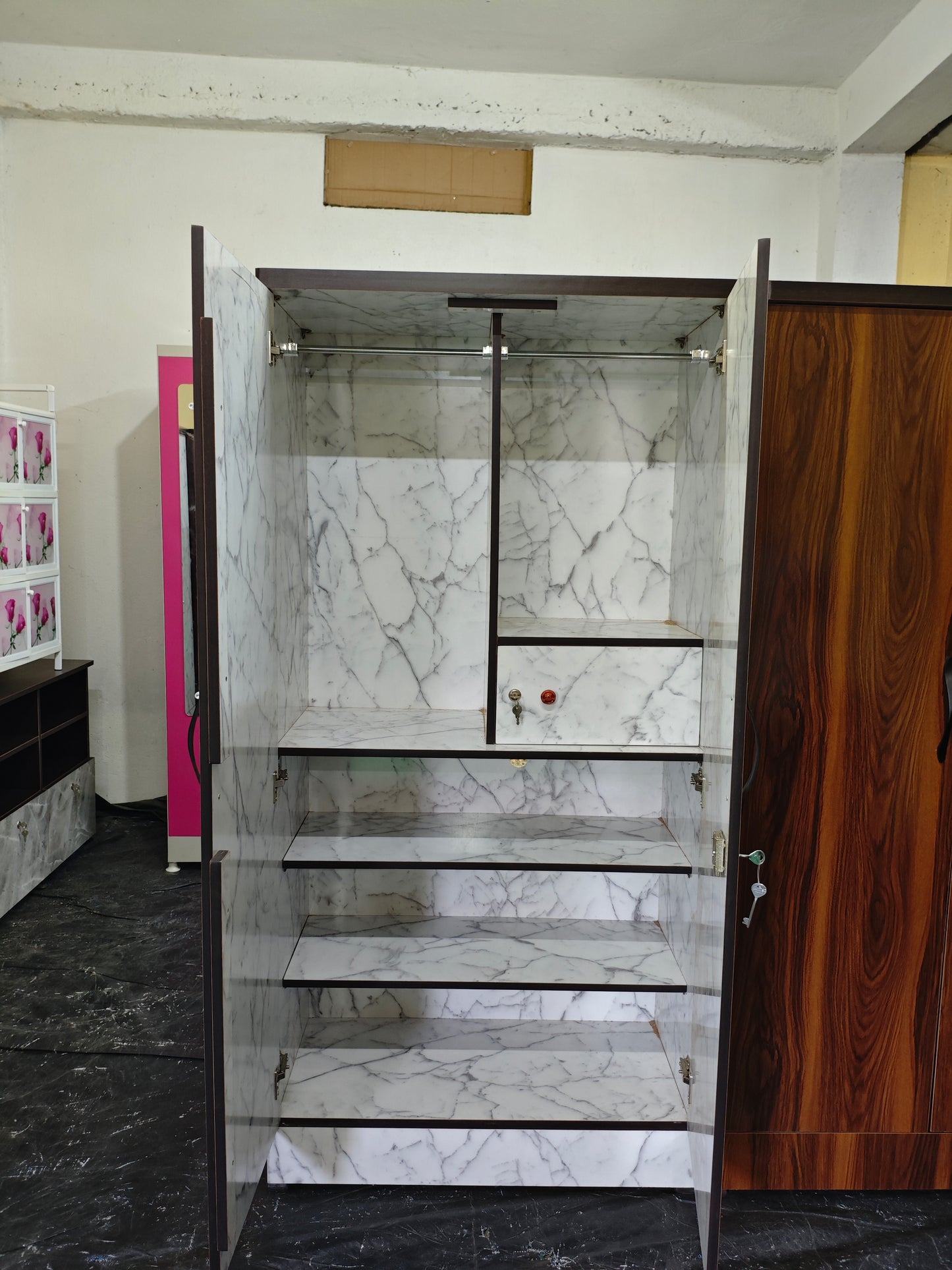 2 door Wooden Almirah White Marble  2 Door Almirah