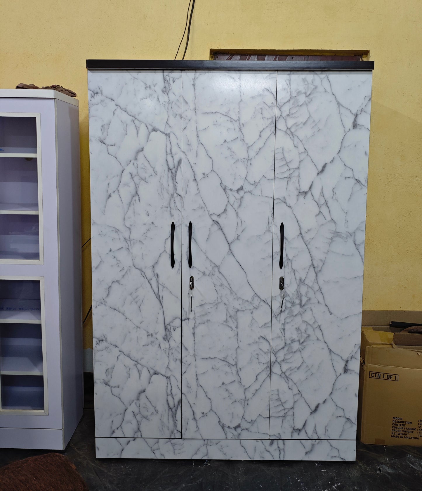 Bowzar 3 Door Almirah 3 Door Wardrobe 6 Feet Height White Marble