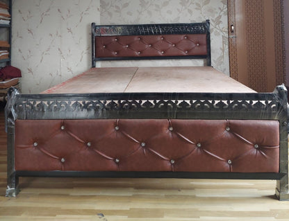 Bowzar Queen Size 5X6.5 Feet Metal Bed With Designed Cushion Brown